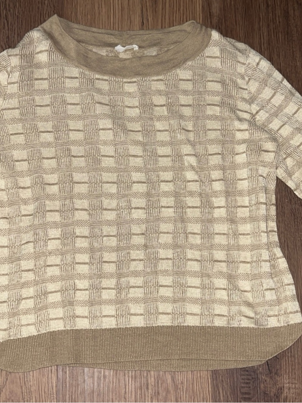 Poetry Beige & Tan Grid-Texture Crew Sweater 100% linen
